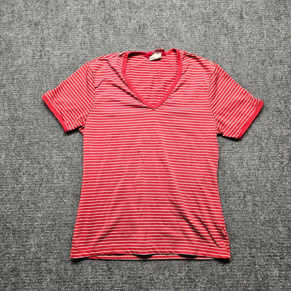 Esprit Red White Striped V-Neck Short Sleeve T-Shirt Womens Small